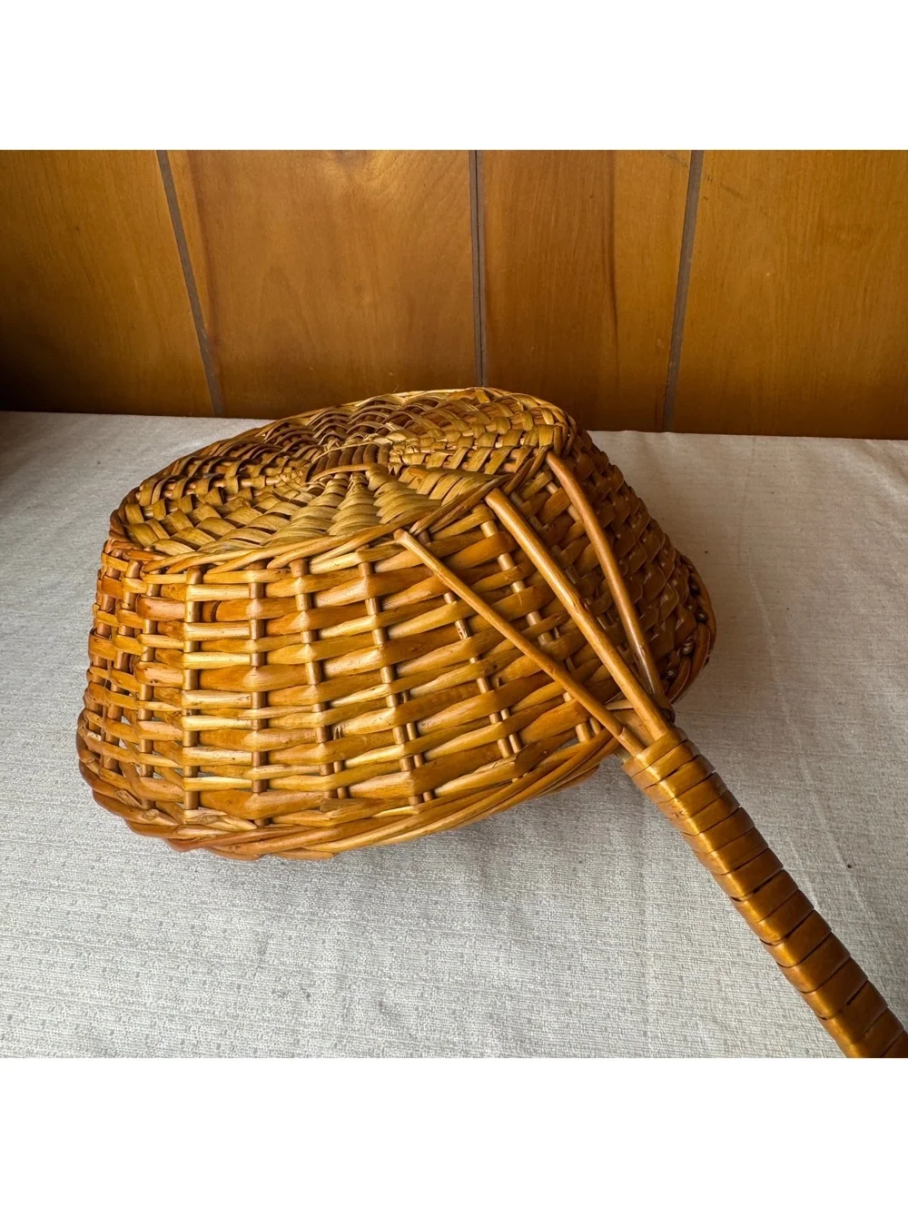 Vintage Wicker Serving Basket With Long Handle Round Handwoven Farmhouse Decor
